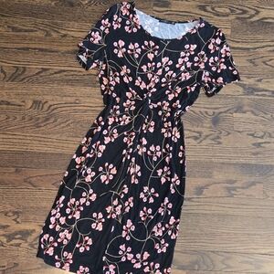 Black Floral Dress Short Sleeve Fit Flare | Size L | V Neck Tie Waist Midi